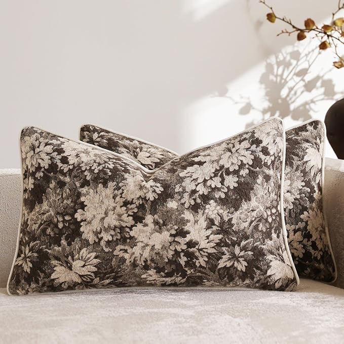 DEZENE Pack of 2 Vintage Floral Pillow Covers 12x20 Boho Farmhouse Accents Chenille Rectangular Lumbar Decorative Throw Pillow Cases for Living Room Couch Bed Home Decor, Grey