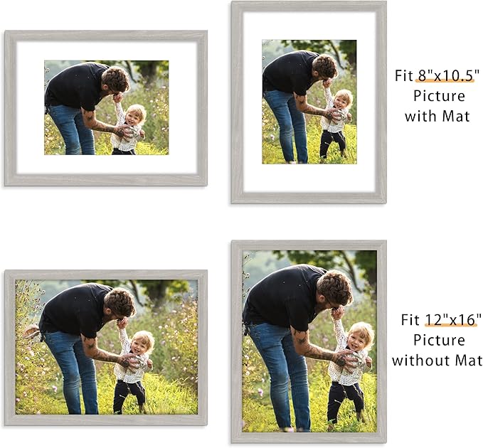 Picrit 12x16 Picture Frame Set of 12, Display 8.5x11 with Mat or 12x16 without Mat, Photo Frames for Wall Mounting Display, Gray