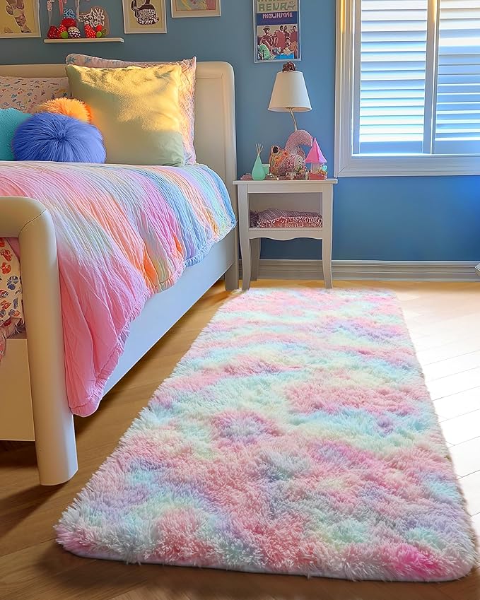 PAGISOFE Rainbow Runner Rugs for Girls Bedroom Hallway Plush Fluffy Rug 2x6 Ft, Soft Kawaii Carpet for Living Room, Non-Slip Indoor Princess Rugs for Nursery Kids Girls Room Home Decor Cute Colorful