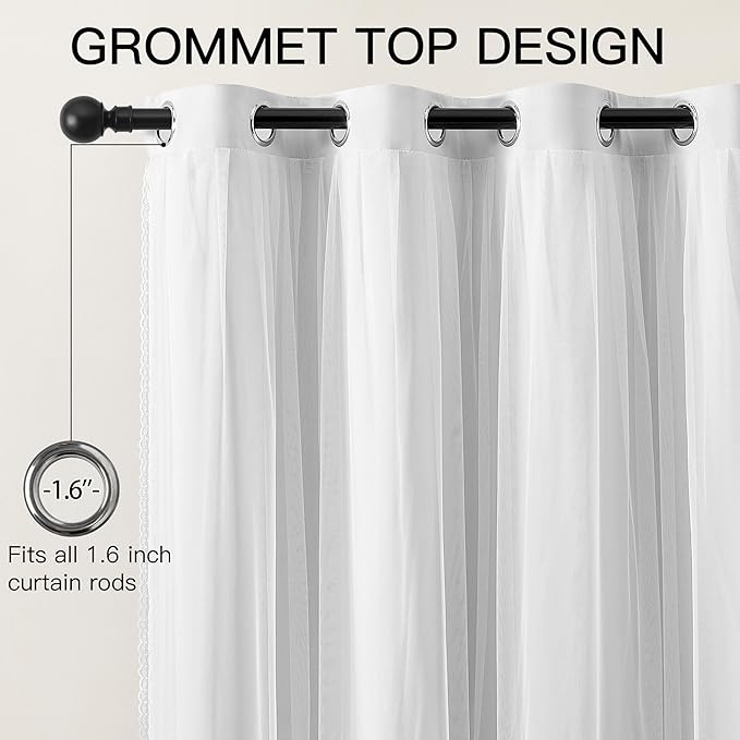 XiDi White Blackout Curtains 96 Inches Long for Bedroom 2 Panels Mix & Match Double Layer Curtains with Sheer Overlay Thermal Insulated Window Treatment White Drapes for Living Room Grommet Top 52x96