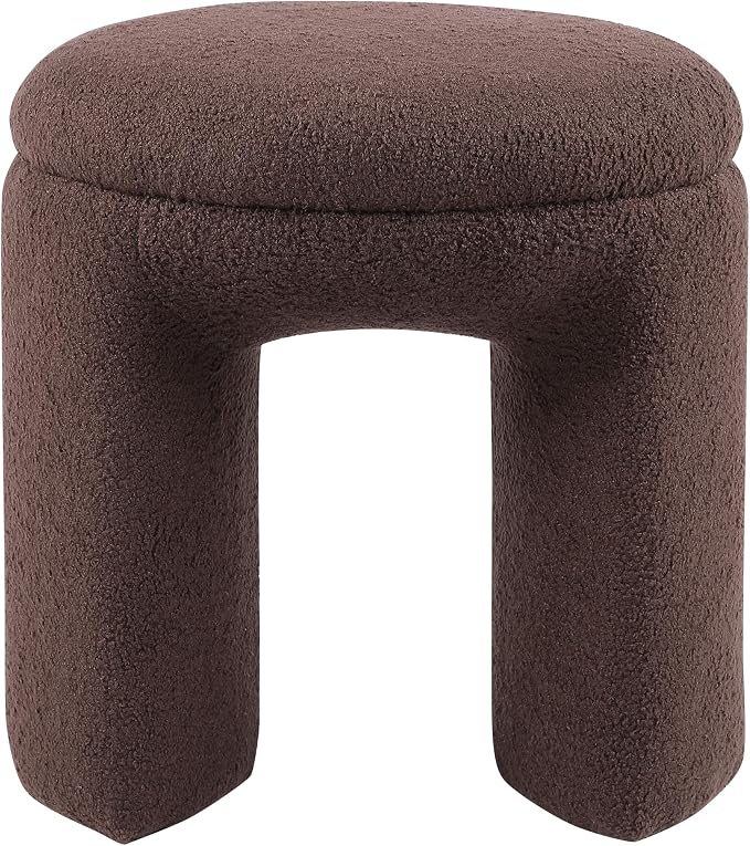 Furniture of America Rami Modern 18-inch Solid Wood Upholstered Ottoman with Pedestal Base, Vanity Stool Chair, Small Foot Stool for Bedroom, Living Room, Entryway, No Assembly Needed, Brown