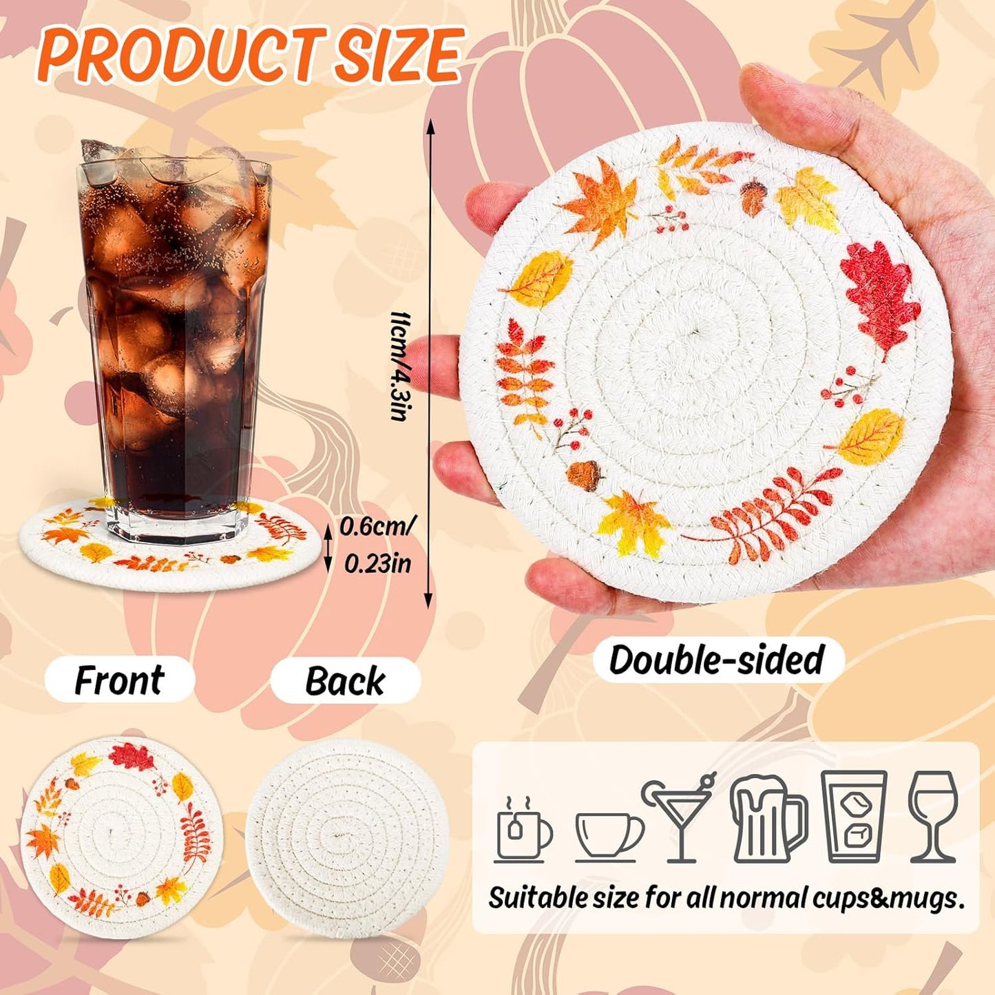 Whaline Fall Coasters Maple Leaves Handmade Braided Cotton Drink Coasters Orange Yellow Non-Slip Absorbent Cup Mats for Autumn Thanksgiving Table Protection Birthday Housewarming Gift Home Decor, 4Pcs