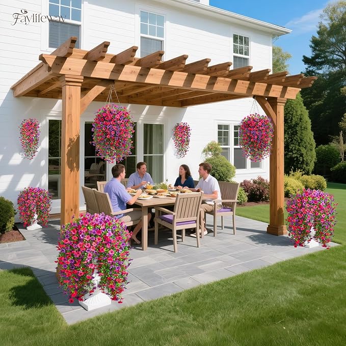 Artificial Hanging Flowers for Outdoors Spring Summer Decoration, 4PCS UV Resistant Silk Fake Hanging Plants for Patio Porch Front Yard Window Garden Indoor Decor(Purple&Hot Pink,4PCS)