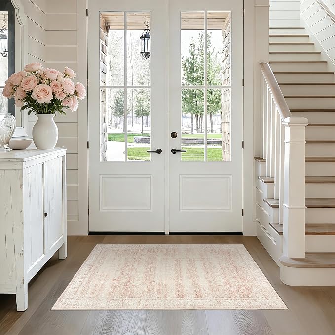 BILEEHOME Vintage Pink Rug 3x5 Washable Non Slip Floral Aesthetic Indoor Rugs for Entryway Kitchen Low Pile Carpet for Laundry Room Bathroom Front Door Mat for Entrance 3 x 5