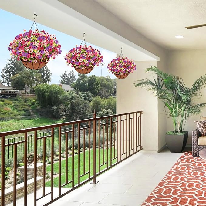 2 Pack Artificial Hanging Flowers for Outdoors, Fake Hanging Plants with 12" Baskets, 24 Pcs UV Resistant Artificial Hanging Flowers for Decoration Outdoors Garden Patio Porch Yard Spring Summer Decor
