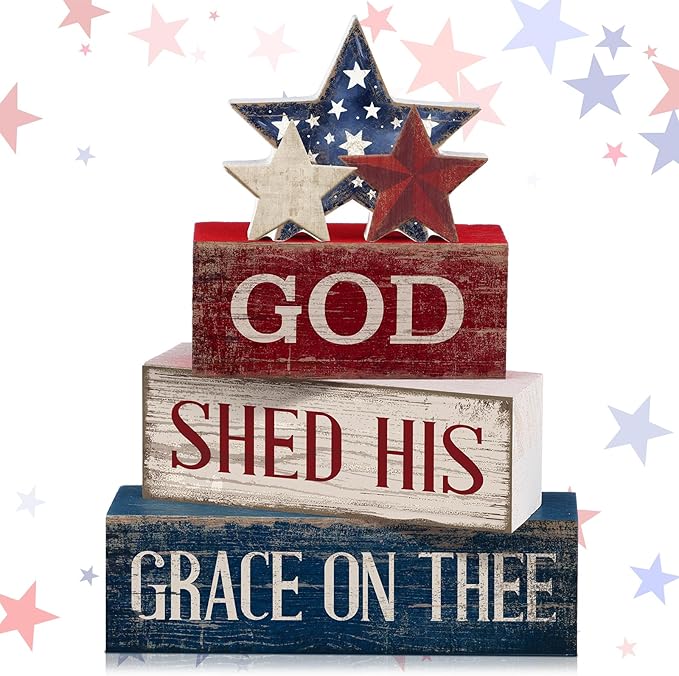 CroBlissful 4 Pcs 4th of July Decorations Patriotic Memorial Day Tabletop Decorations Red White Blue Table Centerpieces Sign for Office Tiered Tray Home Shelf 250th Anniversary(God)