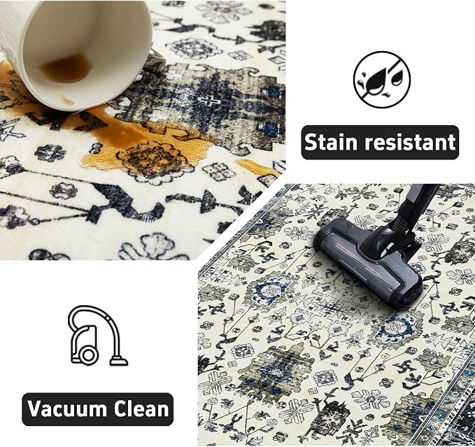 Ruaruarug Washable Area Rug 8x10 for Living Room, Bedroom, Ultra Soft Non Slip Stain & Fade Resistant, Pet & Kids Friendly, Suitable for High Traffic Areas Easy to Clean for Office Kitchen, White Gray