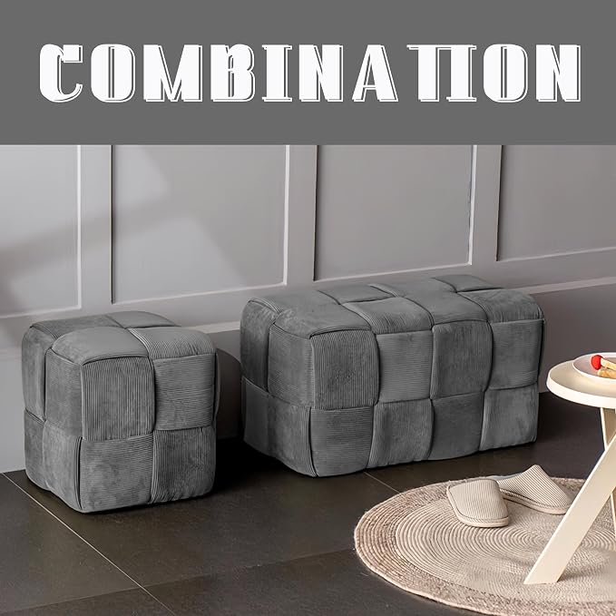 Cmishe 28" Rectangular Woven Corduroy Ottoman Footrest - Large Modern Entryway Bench & Bed End Stool, Sturdy Wood Frame, No Assembly (Grey-L)