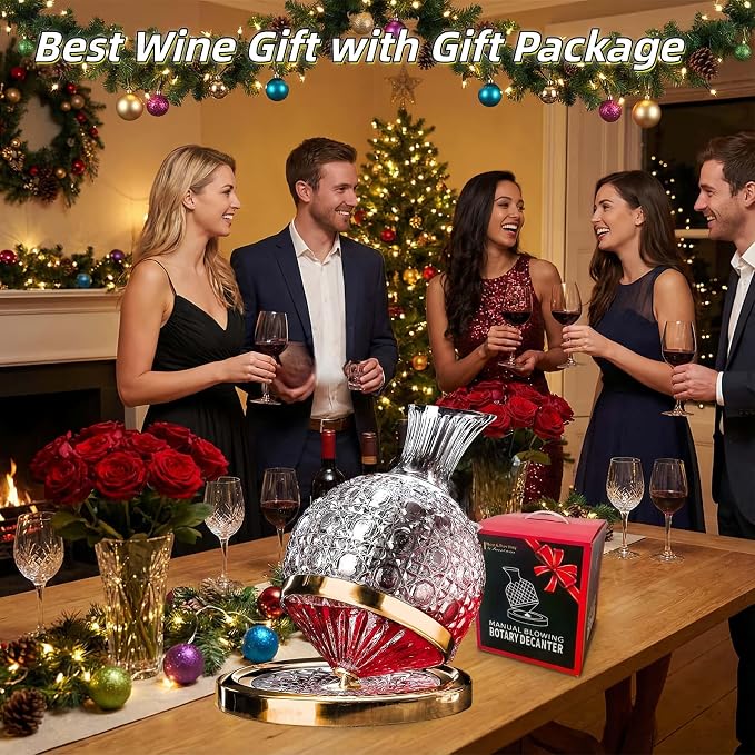 Wine Decanter Set - Spinning Crystal Red Wine Decanter Carafes, Jarler Football Rotory Hand Blown 1.5L Glass Wine Aerator Quick Decanter，Wine Gift for Him, Wine Lover, Father Gift (Gold+Clear)