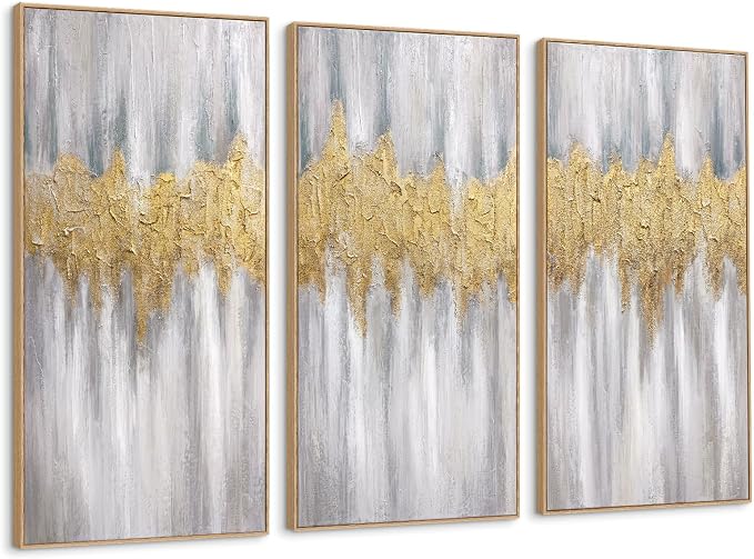 SAFERRYHOME Abstract Hand Painted Wall Art, Large 20"x40"x3 Framed | 3D Textured Framed Gold Wall Decor, Modern Golden Abstract Painting Minimalist Artwork for Home Office Living Room Hallway
