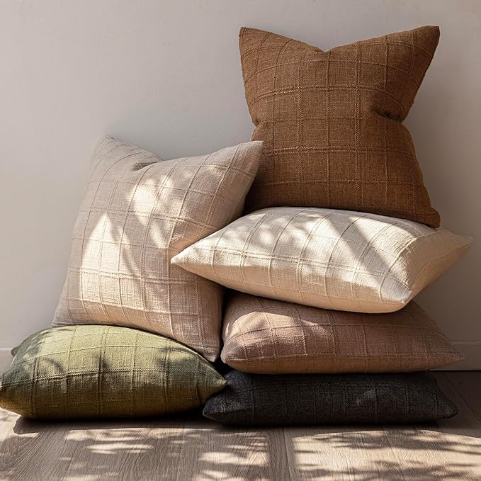 Foindtower Set of 2 Decorative Linen Check Throw Pillow Covers Neutral Farmhouse Vintage Cushion Covers Modern Boho Home Decor for Sofa Chair Couch Bedroom Living Room,16×16 Inch,Brown Hazel
