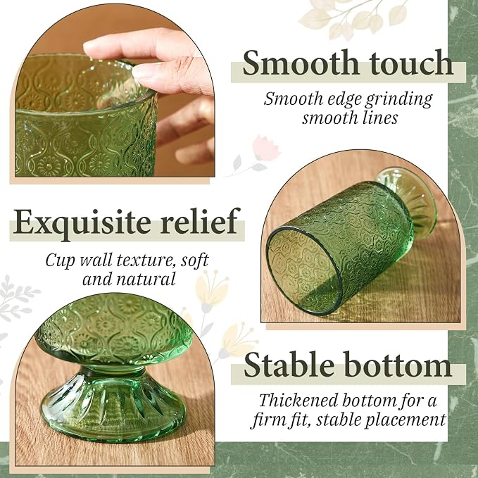 6 Pcs (H: 7" W: 4") Embossed Flower Vase Pedestal Glass Vase Big Base Thickened Crystal Vintage Vases for Wedding Party Home Decor Table Centerpiece House Warming Gifts (Green,Classic)