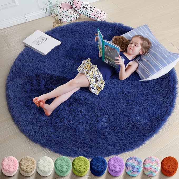 Navy Blue Round Rugs 5Ft for Boys Bedroom, Fluffy Circle Area Rug for Kids, Living Room Decor Aesthetic, Shag Fur Throw Royal Dark Blue Carpet for Baby Nursery, Shaggy Thick Fuzzy Floor Carpets