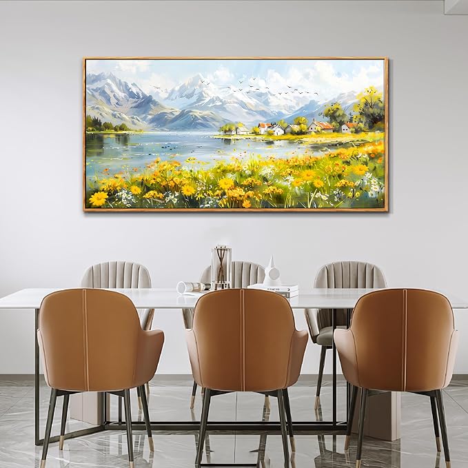 XIGUANGART Oversized Wall Art, Floral Wall Decor, Framed Wall Art, Landscape Mountain Art Prints, Spring Wildflowers Cottage Paintings for Living Room Dining Room Farmhouse Office Hotel 30"x60"