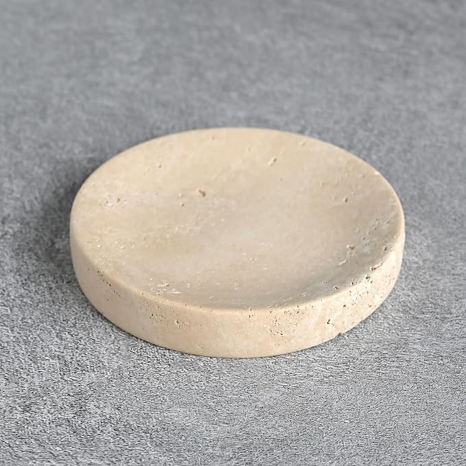 Small Travertine Jewelry Dish 4”, Natural Beige Stone Trinket Tray for Rings Earrings Necklaces, Round Travertine Soap Dish for Bathroom & Kitchen, Minimalist Decorative Catchall Bowl for Home Décor