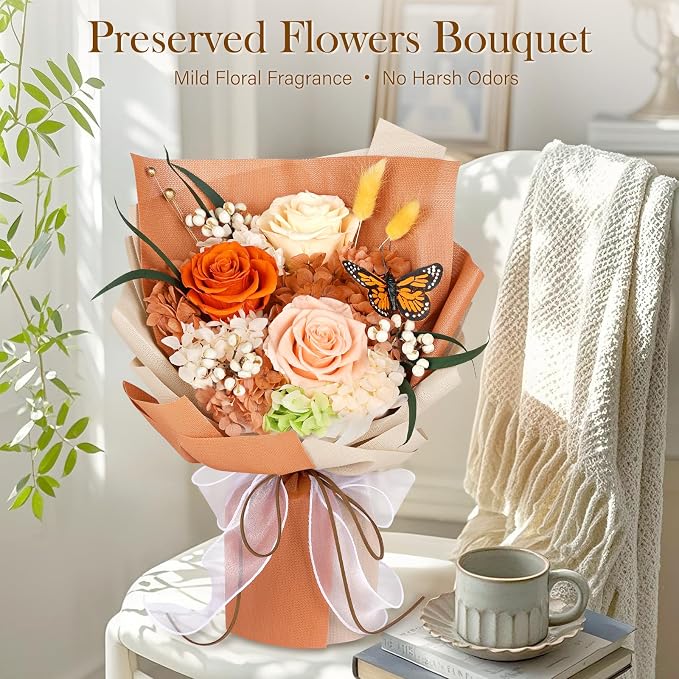 Preserved Flowers Bouquet with Butterfly - 3 Roses & Flowers for Delivery, Long-Lasting Real Roses Forever, Mothers Day Gifts for Mom Grandma Wife, Anniversary Birthday Gifts for Women