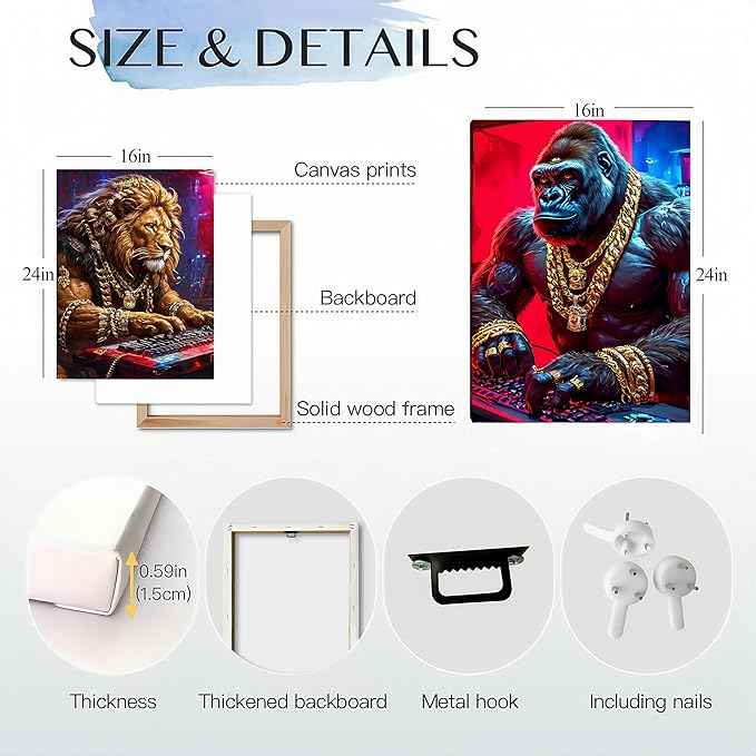Animal & Tech-Inspired Wall Art Prints-Vibrant Tiger,lions Gorilla & Game Design Poster,Cyberpunk neon Electronic Game Style Painting Canvas Picture,for Boy Teen Men Bedroom Playroom, Framed 16X24inX3