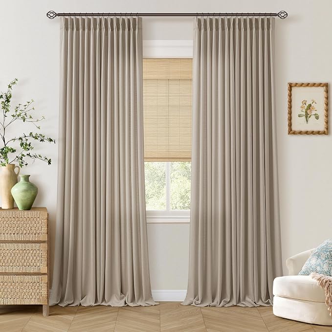 108 Inch Pinch Pleat Semi Sheer Curtains 108 Inches Long for Bedroom Living Dining Room Neutral Farmhouse Light Filtering Burlap Thick Linen Pinch Pleated Window Curtain 2 Panels Tan Burlywood Birch
