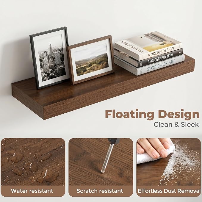 Venusmiles Floating Shelves for Wall, 20 Inch Floating Shelves Set of 2, 6.5" D Wooden Wall Mounted Display Shelves with Invisible Brackets for Living Room, Bedroom, Bathroom, Kitchen Decor, Walnut