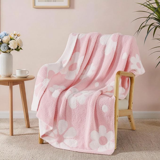 WRENSONGE Soft Throw Blanket for Couch-Cozy Reversible Knitted Blankets | Lightweight Warm Fluffy Decor for Women, Mom, Her & Girls, Sofa, Chair, Bed, 50x60in, Daisy Floral Pink
