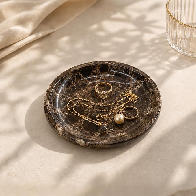Small Natural Marble Jewelry Tray Key Plate Holder Dish Trinket Decor Catch All Bowl for Ring Earring Stone Gift for Women Daugther,Dark Brown,5.5"