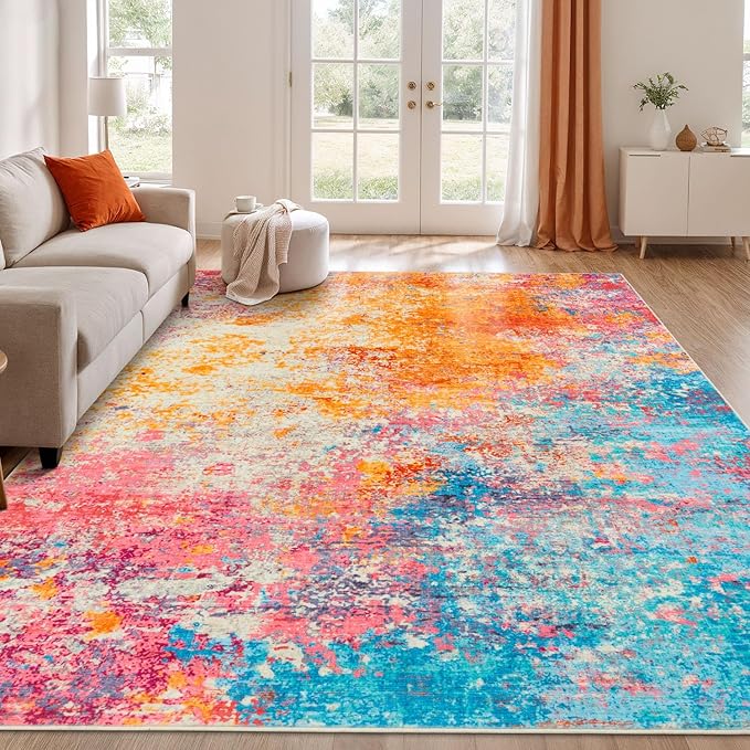 Rugflix 10x14 Area Rugs for Living Room, Washable Large Multicolor Rug Stain-Resistant Low Pile, Modern Carpet for Dining Room Home Office Kid Room Nursery Bedroom, Colorful Rainbow
