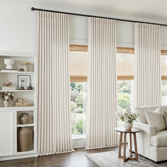 108 Inch Pinch Pleated Linen Curtains for Living Room Bedroom 2 Panels Set, Memory Trained Thick Linen High Ceiling Curtains Light Filtering Semi Sheer Luxury Natural Cream Drapes 108 Inches Long