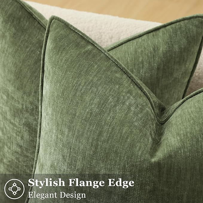 decorUhome Summer Couch Euro Sham Throw Pillow Covers 24x24 Set of 2, Decorative Soft Velvet Modern Cozy Chenille Pillow Cases with Elegant Design for Sofa Bed Living Room Home Decor, Olive Green