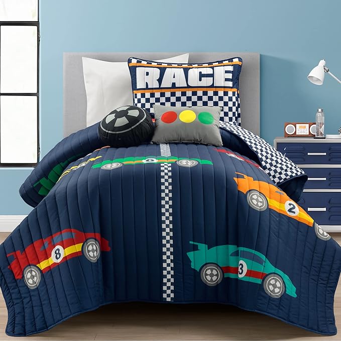 Lush Decor Racing Cars Reversible Quilt Twin Size 4 Piece Set Navy - Toddler Bedding Set Twin Quilt - Car Decor