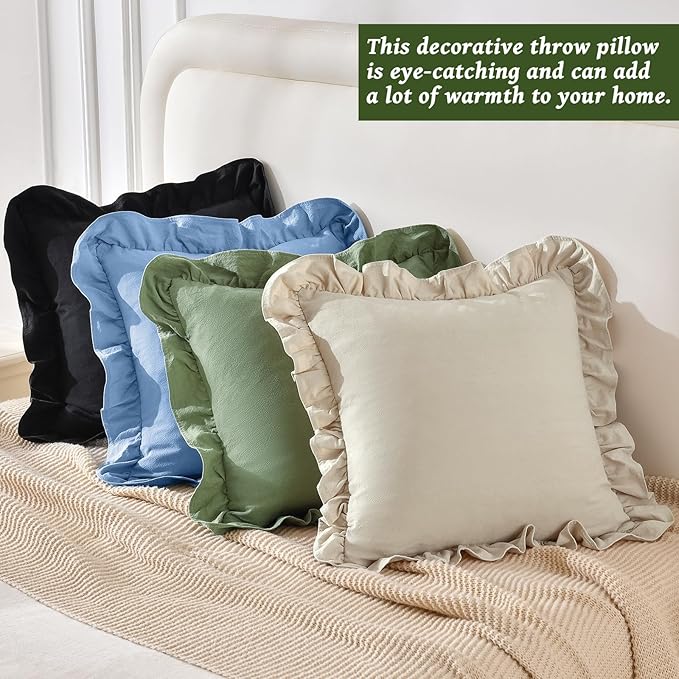 AmHoo Pack of 2 Throw Pillow Covers 100% Cotton Pre Washed Ruffle Decorative Pillowcase Cushion for Couch Sofa Bedroom 24 x 24-Inch Beige