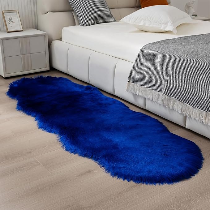 Faux Fur Sheepskin Runner Rug Royal Blue 2x6 ft Ultra Soft Shaggy Plush Fluffy Fuzzy Area Carpet Decorative Chair Cover Floor Mat for Bedroom Sofa Living Room Bedside