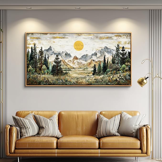 XIGUANGART Large Framed Canvas Print Wall Art,Wall Decor for Living Room,Mountain Pictures,Forest Wall Art,Modern Rustic Farmhouse Landscape Paintings for Bedroom Office Home Decoration, 20x40 IN