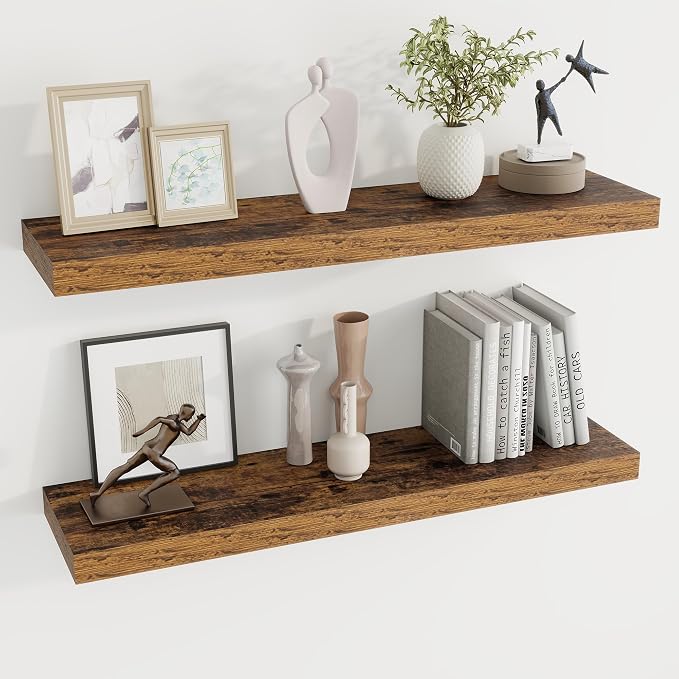 Dreamland 36Inch Floating Shelves for Wall 8" Deep Rustic Brown Set of 2 | Wall shelves for bathroom, bedroom, kitchen, deep wall mount wood storage display for home decor 36" x 8"