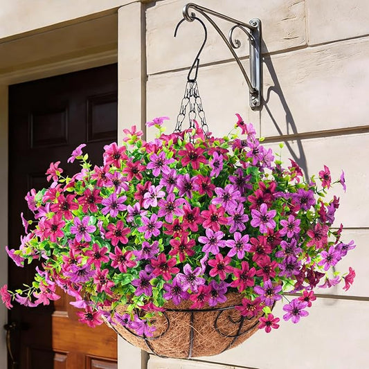 Artificial Flowers Fake Hanging Basket for Outdoor Spring Summer Decoration, 12 Bundles Faux Hanging Plants UV Resistant, Realistic Silk Flower for Outside Planters Porch Patio Balcony Yard Garden