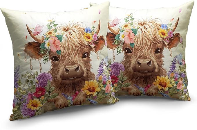 Highland Cow Pillow Covers 16x16 Set of 2 Cattle with Flowers Throw Pillow Covers Spring Outdoor Pillowcase Cotton Linen Farmhouse Cushion Case for Sofa Outdoor Patio