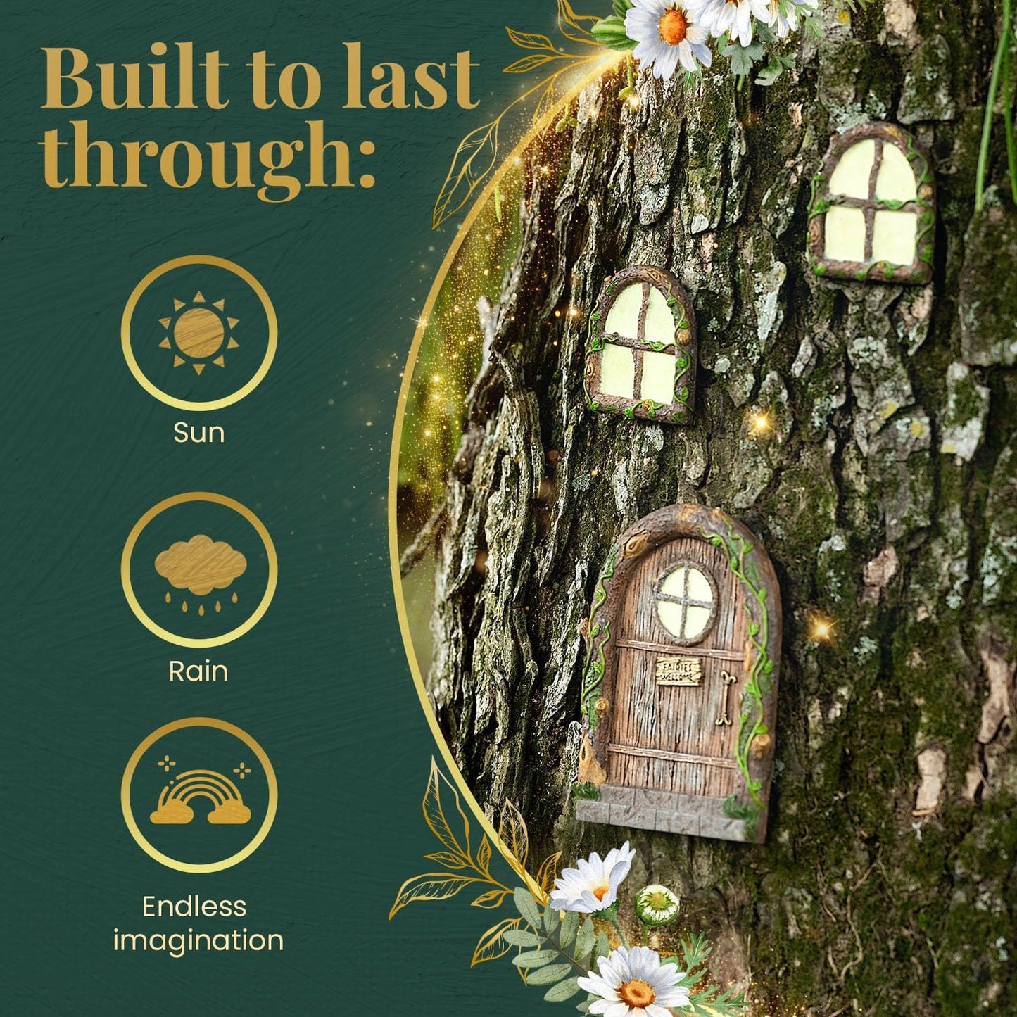 Fairy Door and Windows – Glow in The Dark Yard Art Sculpture Decoration for Kids Room, Wall and Trees Outdoor | Miniature Garden Outdoor Decor Accessories with Bonus Fairy Lantern