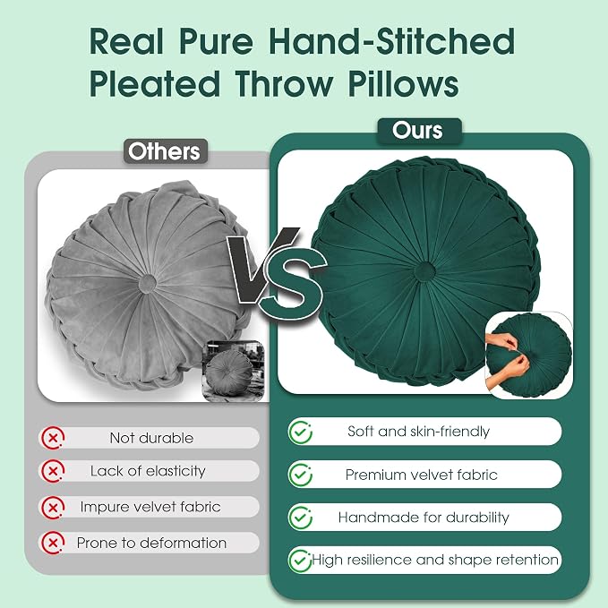 ROSE&RISY Round Pleated Velvet Throw Pillow, 1 Pack Decorative Accent Pumpkin Pillow Cushion for Couch Sofa Bed, Soft Plush Retro Vanity Throw Pillows for Home Decor, 14.5 Inch, Teal