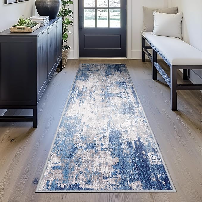 RELEANY Washable Area Rugs 2'x6' Non-Slip Modern Abstract Soft for Living Room Entryway Bedroom Nursery, Print Pattern, Blue Grey Navy Gray