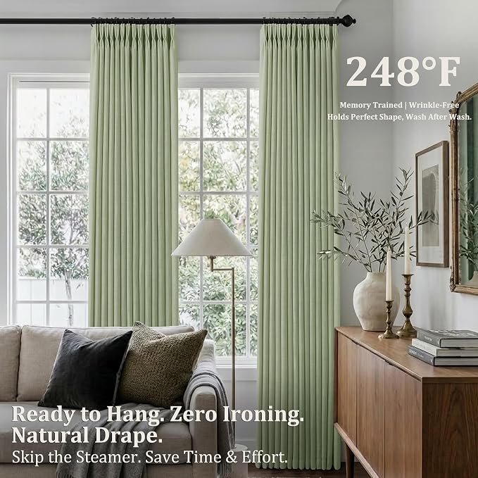 Pinch Pleated Linen Curtains 102 Inch, 2 Panels Premium 400GSM Memory Trained Semi Sheer Light Filtering Window Drapes for Living Room Bedroom Dining, Back Tab & Adjustable Hooks Rings , Sage Green