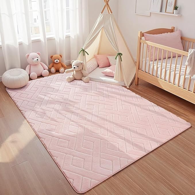 Macgace Ultra Soft Pink Area Rug for Girls Bedroom, 3x5 Modern Geometric Shag Rugs with Nonslip Backing for Living Room, Washable Fuzzy Carpet for Cozy Kids Room Nursery