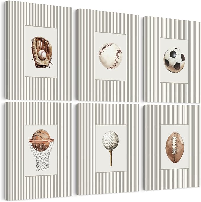 Sports Wall Art Decor Toddler Boys Room Canvas Prints Vintage Sports Nursery Wall Decor Baby Kids Poster Football Baseball Pictures Basketball Artwork for Children Bedroom 8x10x6 Inch Ready to Hang