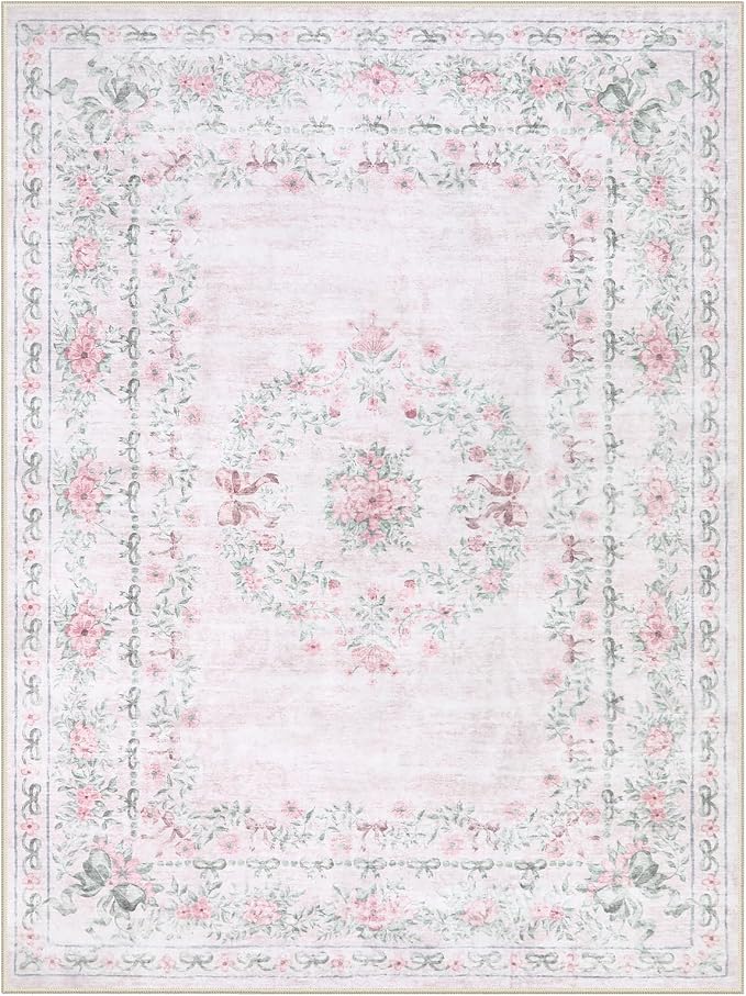 Wonnitar Washable 9x12 Area Rugs, Ultra-Thin Large Area Rug for Living Room, Pink Soft Non Slip Boho Floral Bow Apartment Decor Carpet for Big Bedroom Playroom Nursery Office, Light Pink
