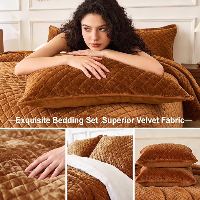 Velvet Oversized King Quilt Size Set 120x120 Luxury Ultra Soft Bedspread Coverlet 3-Piece King Comforter Sets with 2 Pillow Shams 20x36 Cozy All Seasons Velvet Bedding Set, Caramel