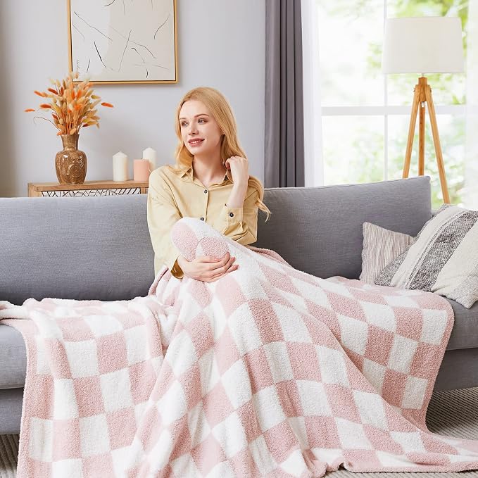 WRENSONGE Soft Checkered Throw Blanket for Couch-Cozy Warm Knitted Blankets | Lightweight Warm Fluffy Decor for Women, Mom, Her & Girls, Sofa, Chair, Bed, 50x70in, Pink