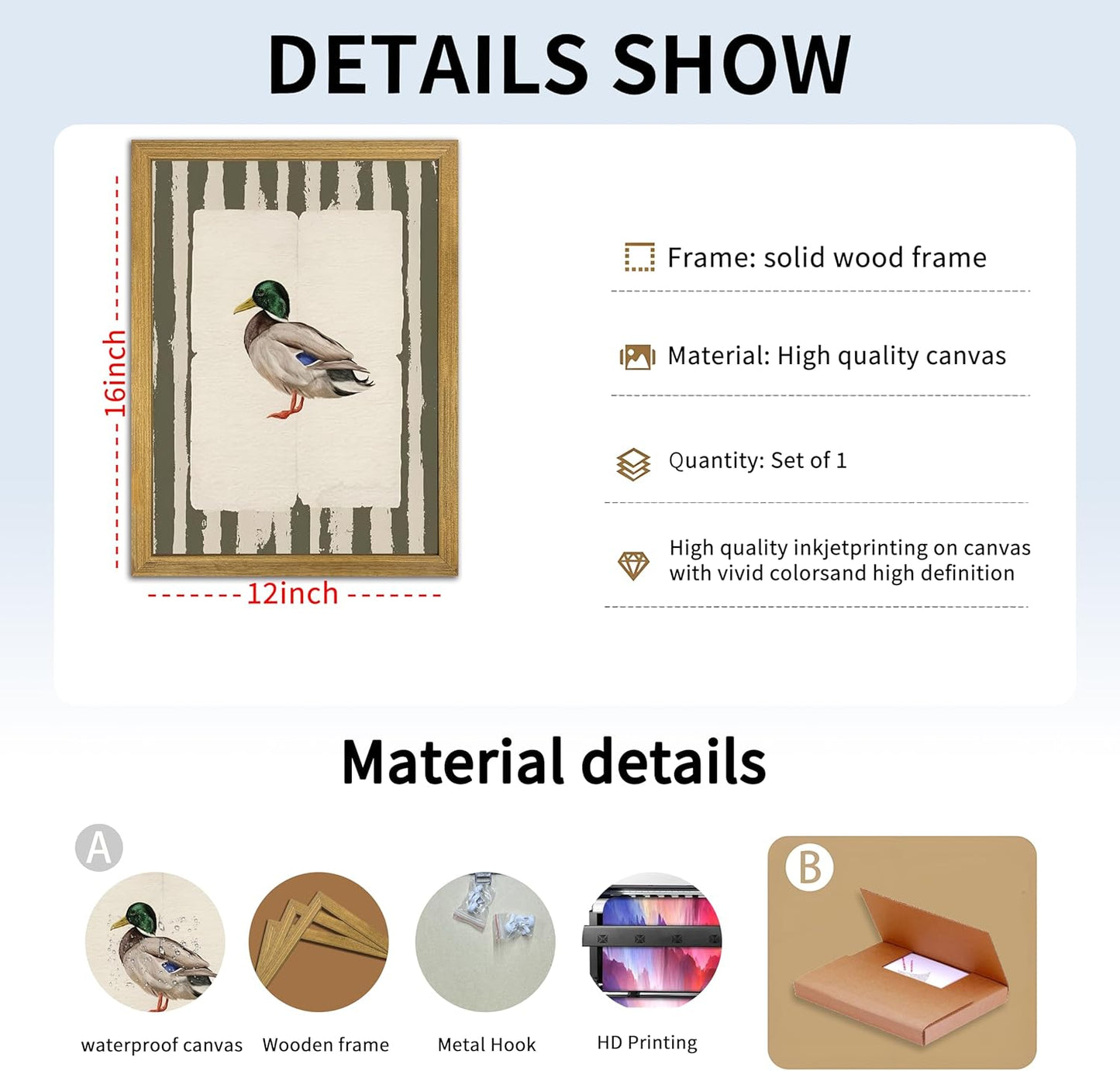 Vintage Framed Duck Wall Art Print, Rustic Mallard Bird Illustration Canvas Poster, Cottagecore Animal Artwork, Farmhouse Nature Wall Decor for Living Room Kitchen Bathroom Bedroom 12x16 inch