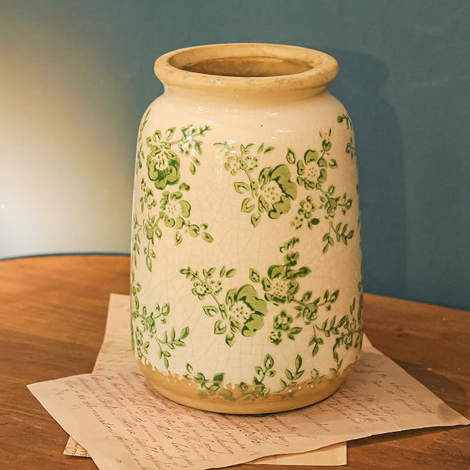 Ronasip Vintage Blue and White Chinoiserie Ceramic Vase, 6.9” Hand-Painted Peony Floral Design, Antique Style Vases for Home Decor, Centerpieces, Living Room, Balcony (Green and White)