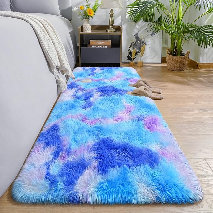 AROGAN 2x4 Feet Soft Runner Rugs for Bedroom Plush Fluffy Rug, Shag Furry Area Rug Carpet Non Shedding for Nursery Children Kids Girls Room Home Hallways Decorative, Blue and Purple