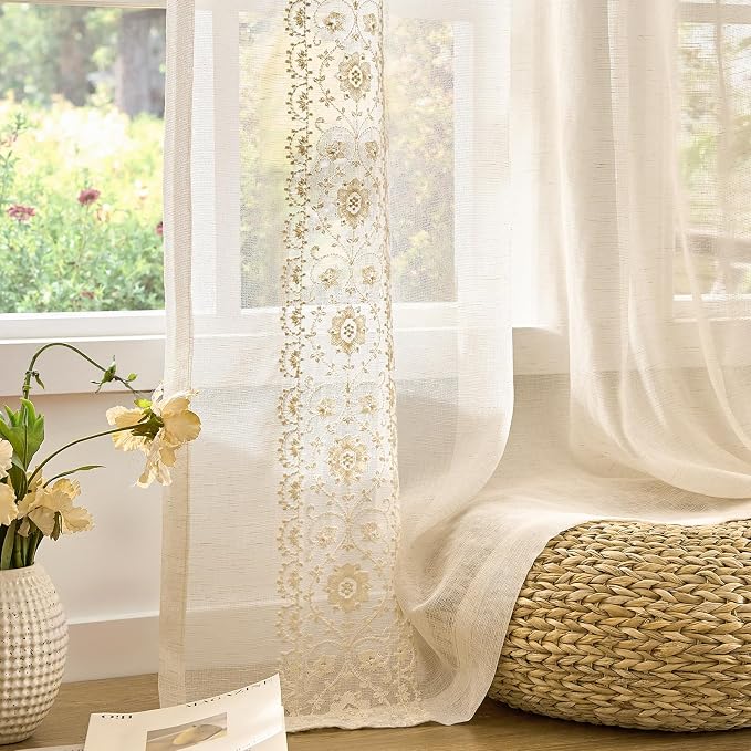 jinchan Weslie Beige Floral Sheer Curtains for Living Room 96 Inch Long Embroidered Voile Farmhouse Linen Curtains for Bedroom Ivory Flower Patterned Cottage Core Window Drapes 2 Panels Ivory on Beige
