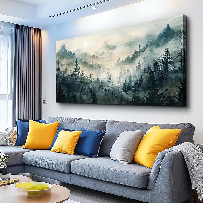 KELIYUAN Large Canvas Misty Forest Wall Art Mountain View Home Decor For Living Room Bedroom Office Natural Landscape Wall Decoration Painting Modern Printed Artwork Can Be Hung Directly 30x60 In