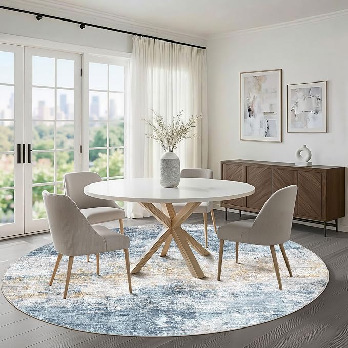5ft Round Rug Living Room: 5x5 Washable Large Neutral Circle Area Rug Abstract Soft Modern Stain Resistant Indoor Floor Non-Slip Carpet for Bedroom Nursery Kids Office Playroom Dining Room- Blue Gold